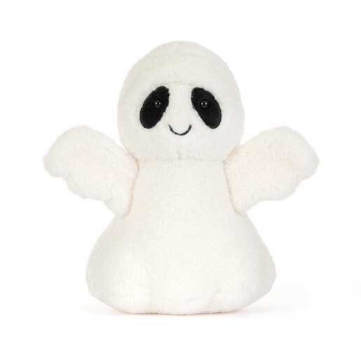 Front view of creamy white Jellycat Ghost Bob soft toy with outstretched arms