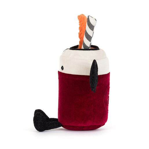 Side profile of Jellycat Vampop Drink plush toy with wings and straw