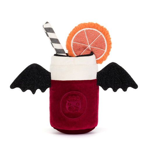 Back view of Jellycat Vampop Drink soft toy showing bat wings