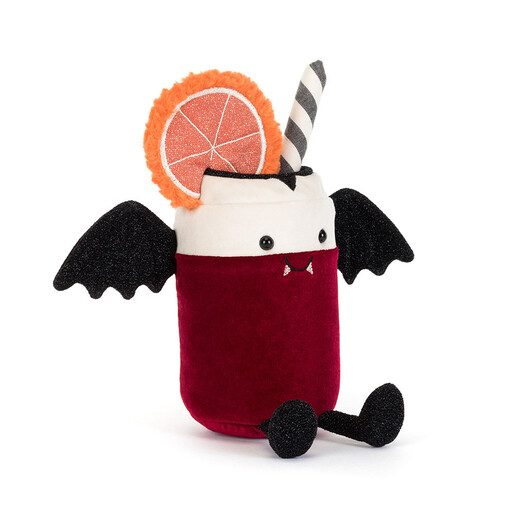 Angled view of Jellycat Vampop Drink plush toy with fangs and straw