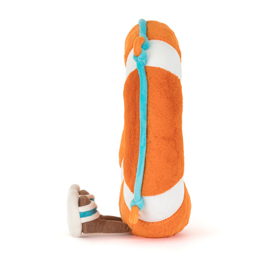 An Orange Blue and White Pool Ring Soft Toy from the Side