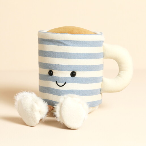 A Cute Cuddly Tea Cup Plushie with Striped Fabric and Fluffy Slippers