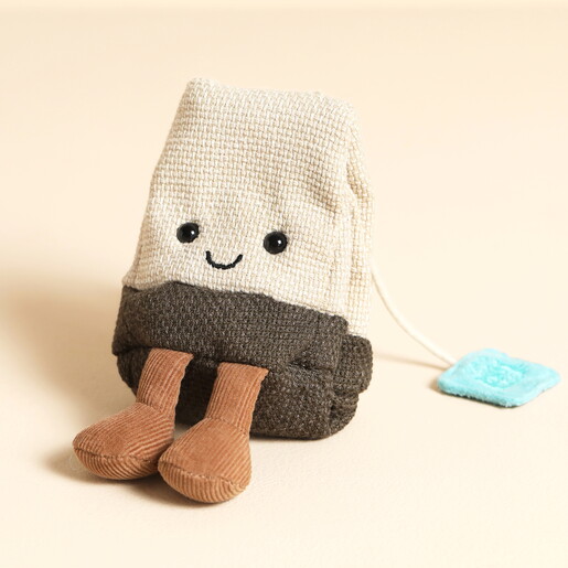A Teabag Shaped Cuddly Toy with a Steep Tag
