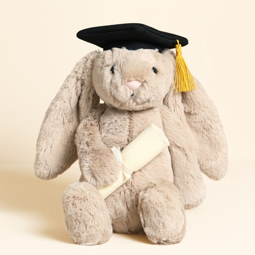 Plushie Bunny Toy Holding a Scroll and Wearing a Mortar Board Graduate Cap