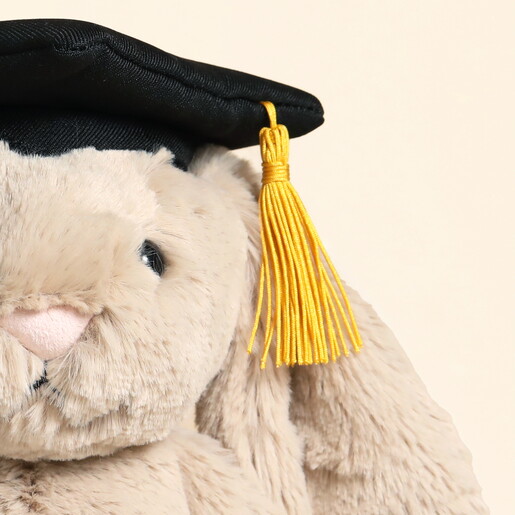 Close Up of Face and Cap on Beige Bunny Soft Toy
