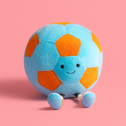 A Fluffy Football Plushie Character with Orange and Blue Patterned Fur