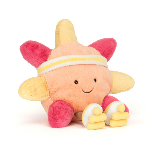 A Cuddly Sunshine Soft Toy in Red Orange and Yellow Wearing a Headband and Roller Skates