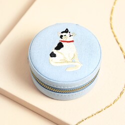 Embroidered Blue Cat Round Jewellery Case