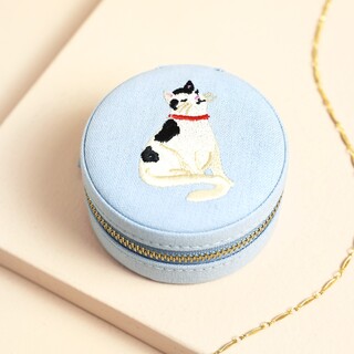 Embroidered Blue Cat Round Jewellery Case