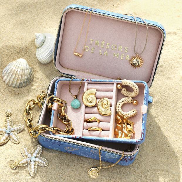 Shells 'Trésors de la Mer' Rectangular Travel Jewellery Case in Blue