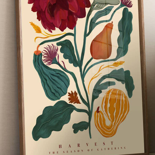 Close up of Kate Fox Design autumn harvest botanical illustration in wooden frame