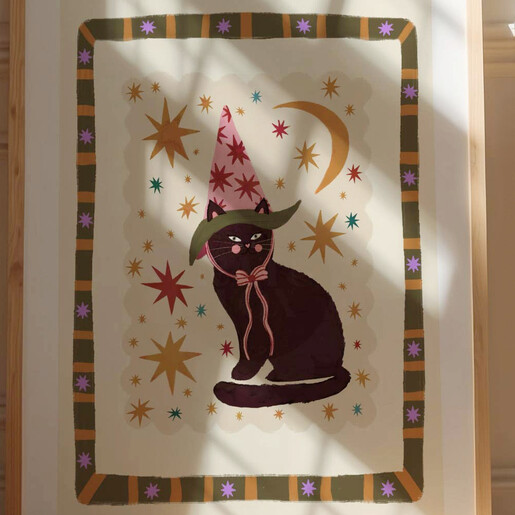 Kate Fox Design black cat A3 art print in a light wood frame