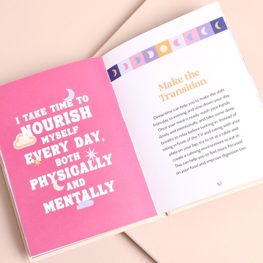Open page showing a colourful self care affirmation and bedtime transition routine
