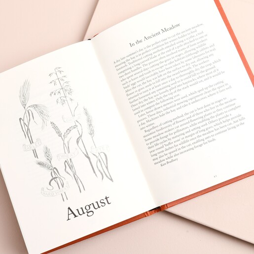 Open page of August chapter displaying meadow grasses in A Year in Nature.