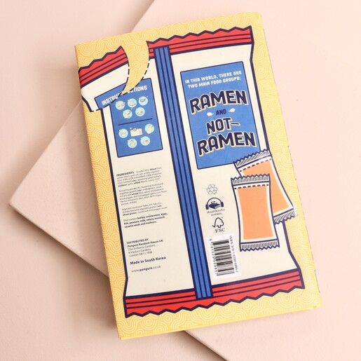 Back cover of Ramen Makes Us Complete book with playful instant noodle nutrition design