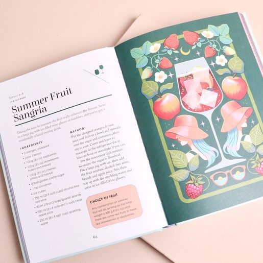 Open page showing the summer fruit sangria recipe and colourful illustration