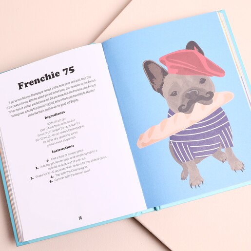 Inside page of cocktail book with Frenchie 75 recipe and French bulldog illustration