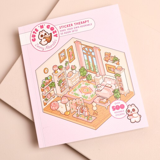 Cover of the Cute N Cozy sticker therapy book with illustrated pastel bedroom scene