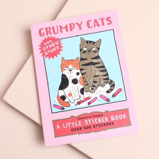 Pink cover of Grumpy Cats and Other Stuff sticker book with cat illustrations.