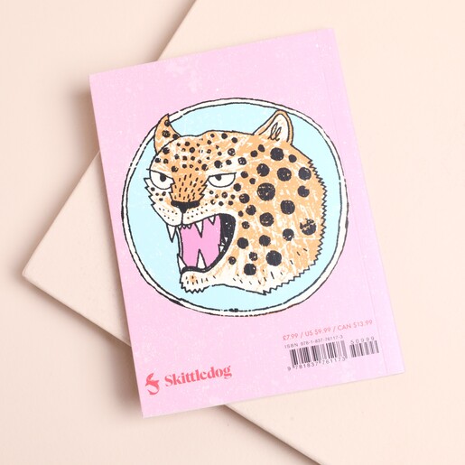 Back of the pink sticker book featuring an illustrated snarling leopard face.