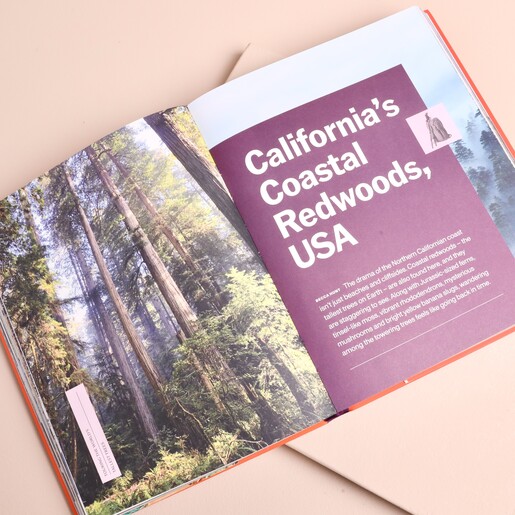 Open page inside the Best in Travel book featuring California Coastal Redwoods