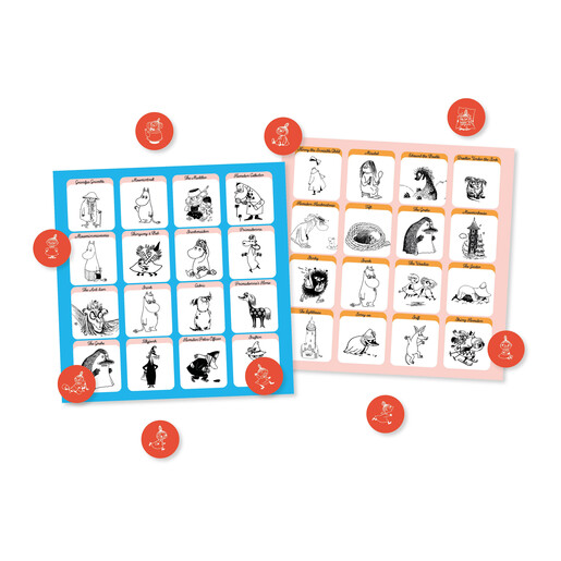 Blue and pink Moomin bingo player cards with red character tokens