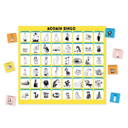 Yellow Moomin Bingo master board displayed with illustrated character tiles