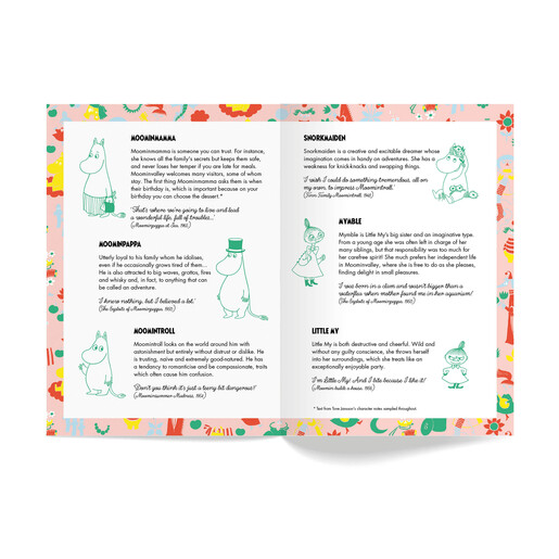 Open Moomin character guide booklet with illustrations and story descriptions