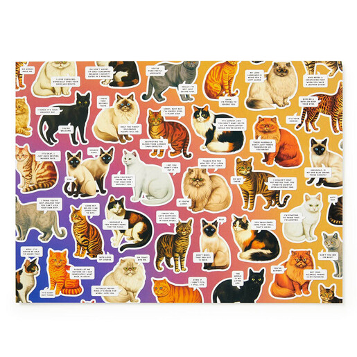 Completed Moody Cats puzzle artwork with various cat breeds and speech bubbles