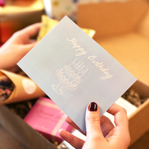 close up of note card from build your own birthday hamper
