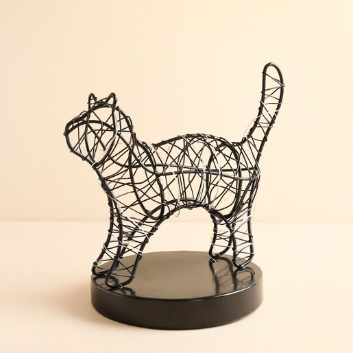 Black wire standing cat light with fairy lights on a round base