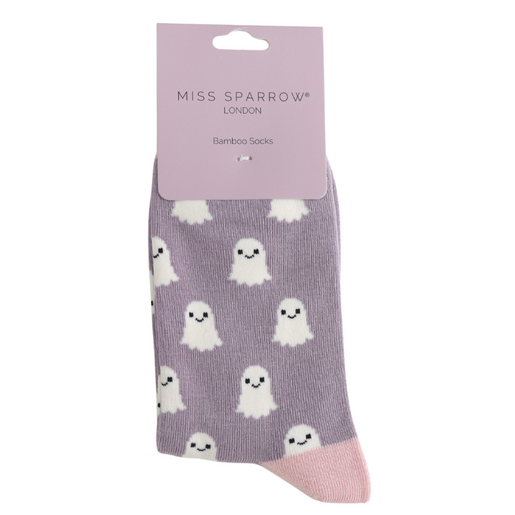 Miss Sparrow London packaging card on folded lilac ghost bamboo socks