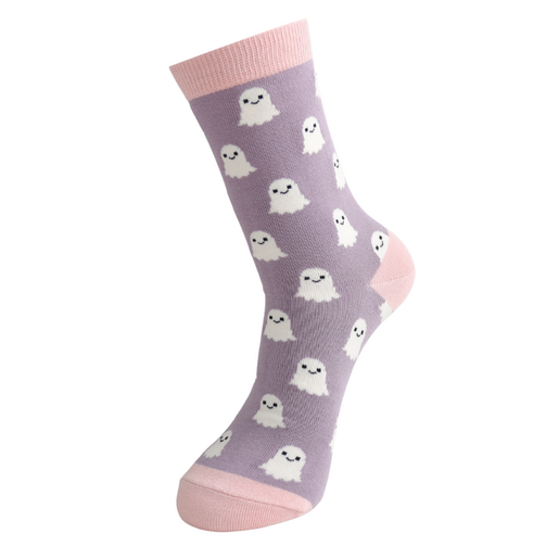 Side view of lilac ghost pattern bamboo ankle sock with pink accents