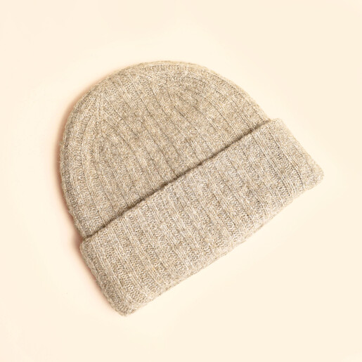 Neutral ribbed knit beanie hat with a fold-over cuff
