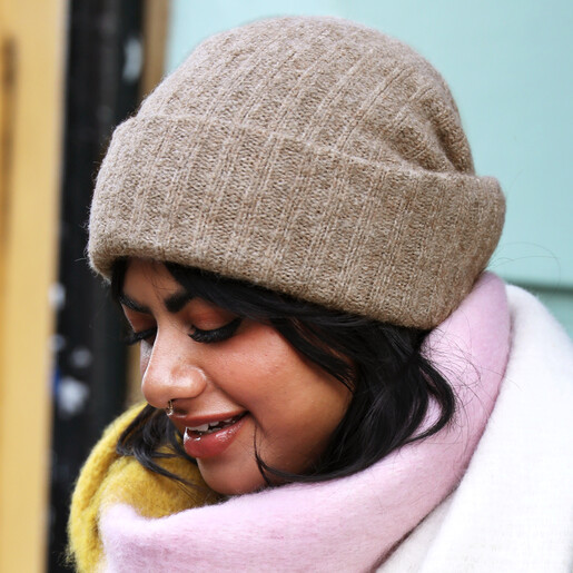 neutral beanie on model