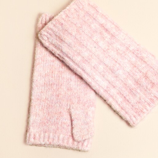 Close-up of the light pink marl ribbed knit texture on fingerless gloves