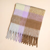 Folded lilac and yellow check winter scarf with fringed tassel trim