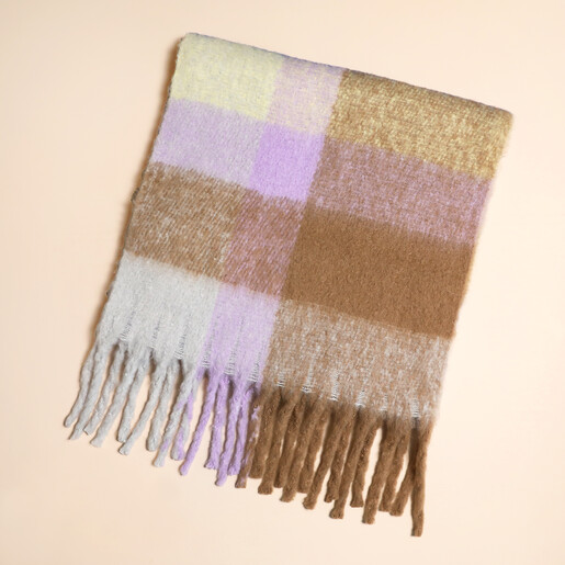 Folded lilac and yellow check winter scarf with fringed tassel trim