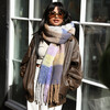 model shot of purple and butter yellow winter scarf