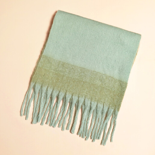 Folded forest green colour block winter scarf with tassel fringe