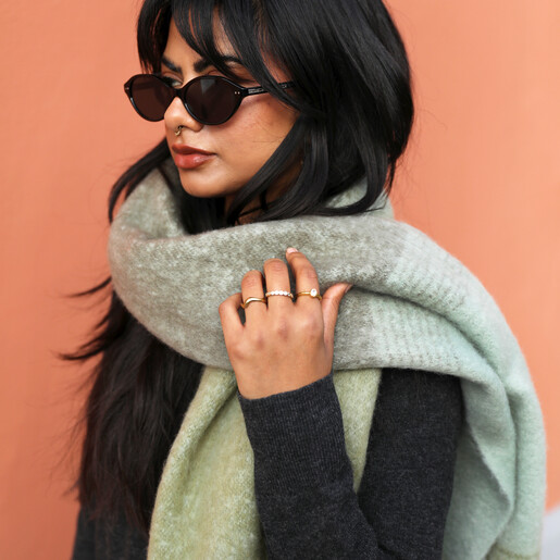 two-toned green scarf on model