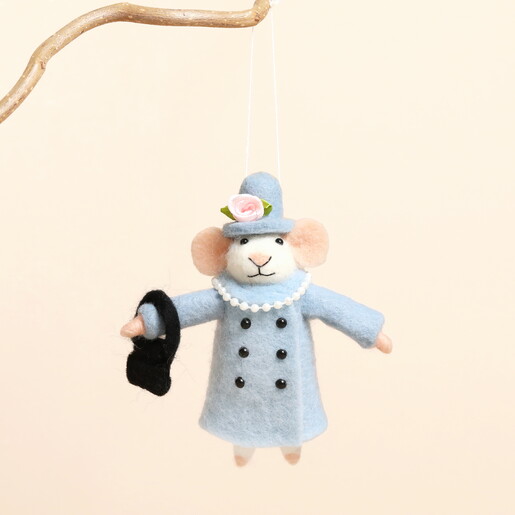 Felt fancy mouse Christmas hanging decoration hanging from a branch