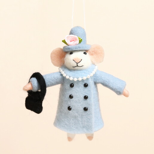 Felt fancy mouse hanging Christmas decoration in a blue coat and hat