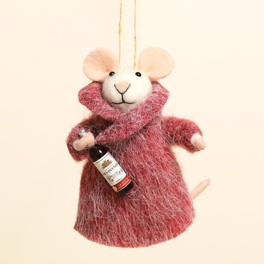 Felt mouse hanging decoration wearing a red coat and holding a mini wine bottle