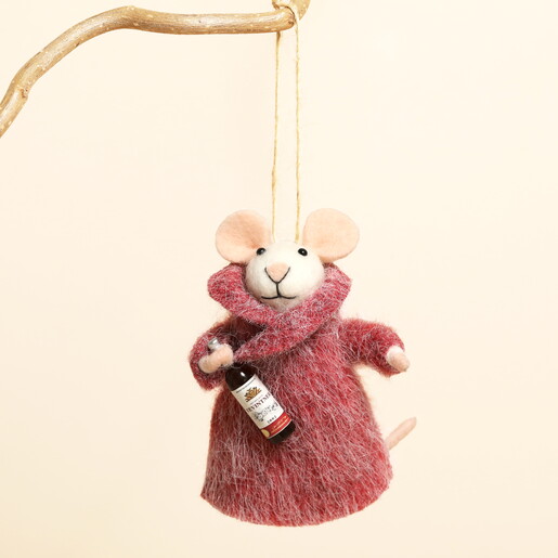 Felt wine bottle mouse hanging decoration displayed from a rustic wooden branch