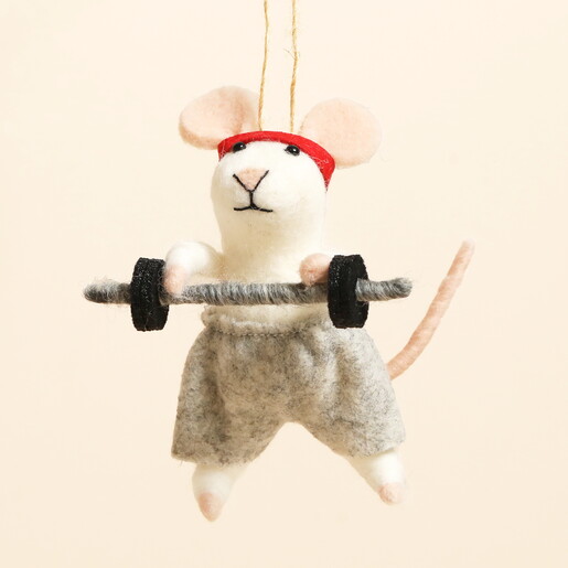 Felt weightlifting mouse hanging ornament dressed in grey shorts holding a barbell.