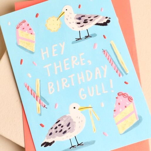 Close-up of the playful seagull birthday card design by Ohh Deer.