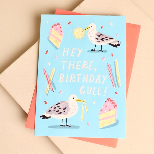 Seagull illustrated birthday card with Hey There Birthday Gull text and peach envelope.