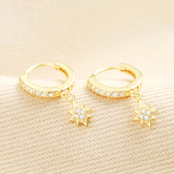 Sterling Silver Crystal Star Charm Huggie Hoop Earrings in Gold