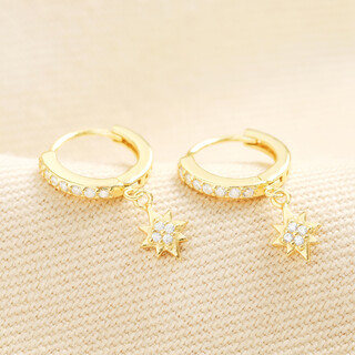 Sterling Silver Crystal Star Charm Huggie Hoop Earrings in Gold